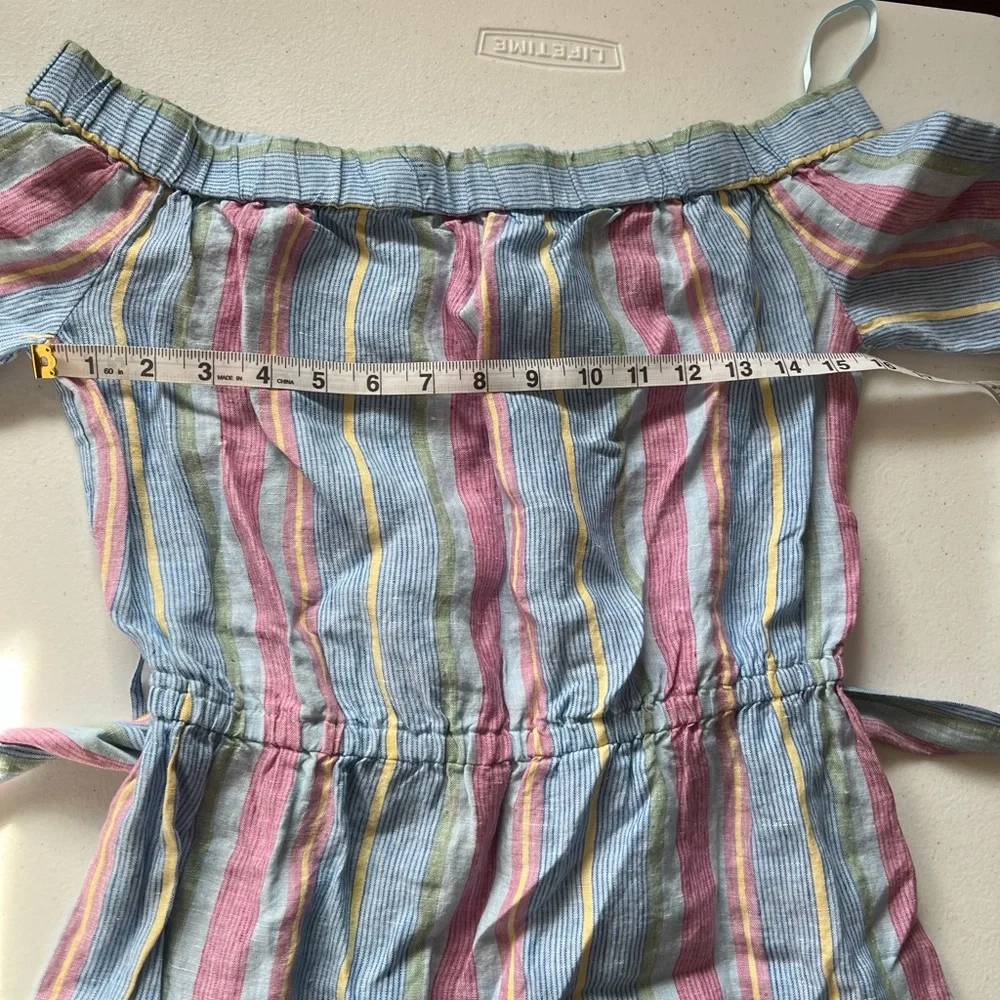 FRAME Women’s Off-Shoulder Striped Belted Linen Pastel Dress Size XS‎